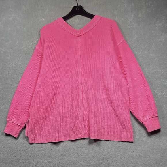 AERIE Sweater S Hot Pink Textured V-neck Oversized Ribbed Sweater Athlesiure - Picture 7 of 13